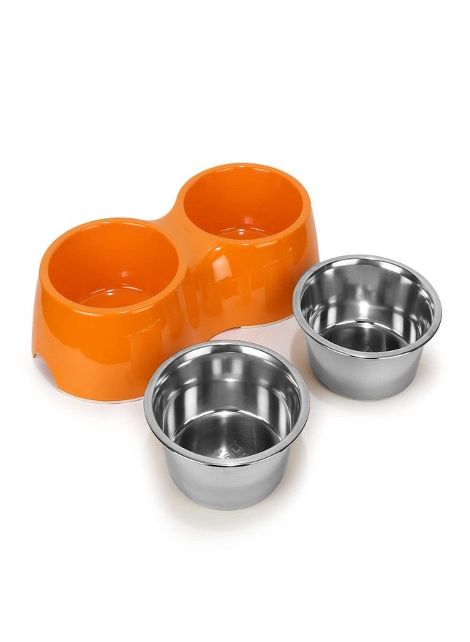 Basil Double Dinner Set Stainless Steel Food Water Feeding Bowls (Melamine Bowls Orange Color & Size: Large (1600ml)) for Pets, Dogs, Cats, Puppy - Image 4